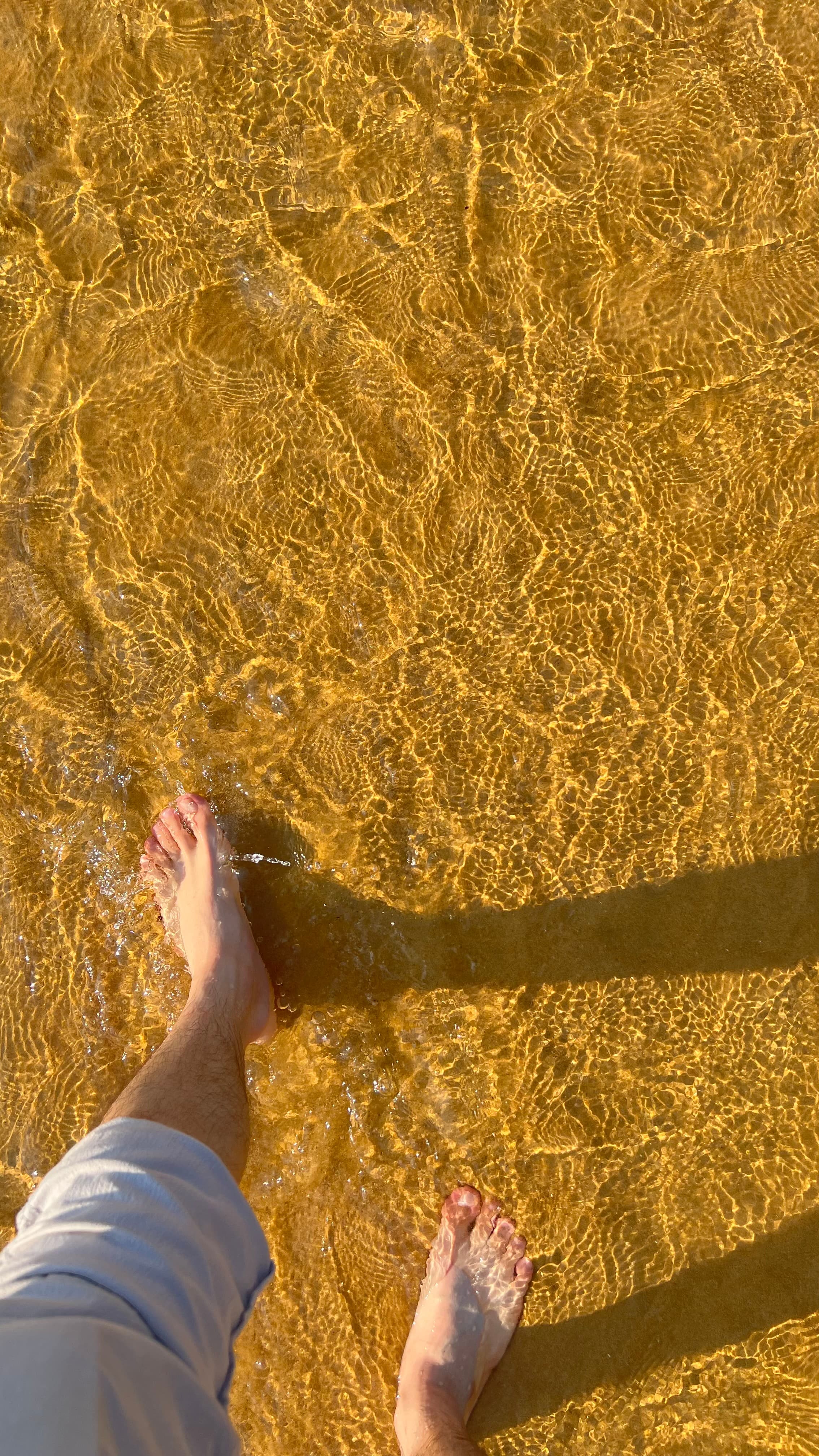 Bare feet walking through shallow golden water
